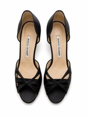 Manolo Blahnik Black Satin D'Orsay Open-Toe Heels